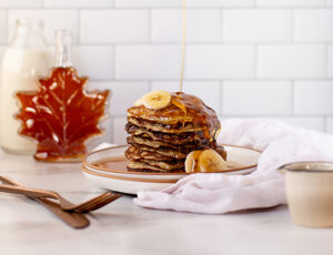Oatmeal Peanut Butter Banana Pancakes with Maple Syrup