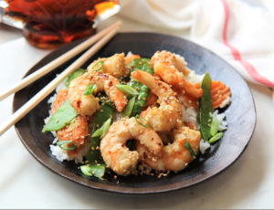 Maple Ginger Shrimp with Carrots and Snow Peas
